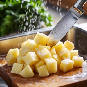 A close-up of a serving of American Potato Salad, showcasing soft potatoes mixed with crunchy celery and a creamy, tangy dressing.