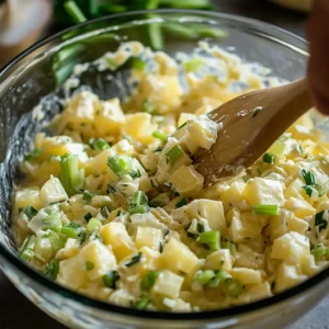 A portion of American Potato Salad with chunks of potatoes, celery, and a creamy, mayonnaise-based dressing, garnished with chopped chives.