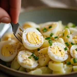 A serving of classic American Potato Salad, featuring creamy potatoes, hard-boiled eggs, mustard, and a tangy mayonnaise dressing.