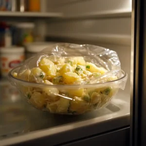 A colorful and creamy American Potato Salad with diced potatoes, chopped onions, celery, and a smooth mayonnaise dressing.