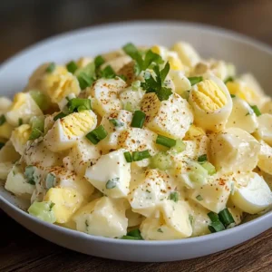 A large bowl of American Potato Salad, with potatoes, eggs, and vegetables all coated in a rich, creamy dressing.