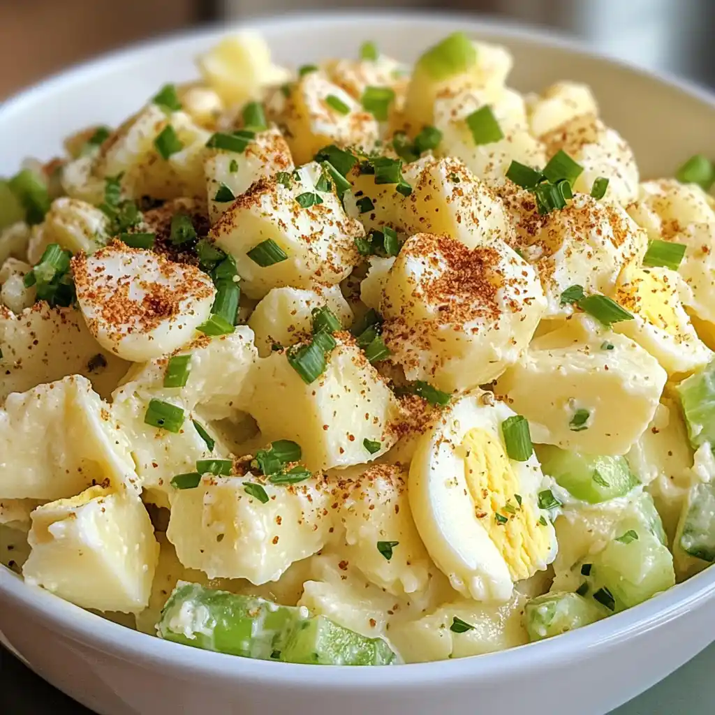 A bowl of creamy American Potato Salad, featuring tender potatoes, crunchy celery, and a rich mayonnaise dressing, garnished with fresh parsley.