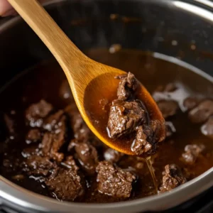 A bowl of rich Beef Stew, made in the Instant Pot, filled with tender beef, potatoes, carrots, and a fragrant, thick broth.