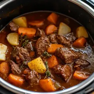 A close-up of Beef Stew served in a bowl, with perfectly cooked beef chunks, vegetables, and a deep, savory broth made in an Instant Pot.