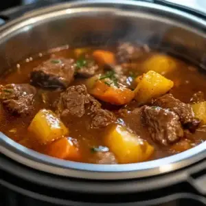 A bowl of Beef Stew with carrots, potatoes, and beef chunks, all cooked to perfection in an Instant Pot for a delicious, savory meal.