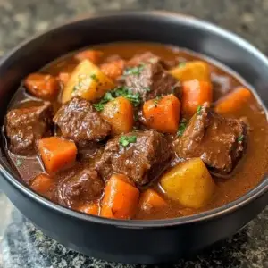 A hearty bowl of Beef Stew made in an Instant Pot, featuring tender beef chunks, carrots, potatoes, and a flavorful broth.