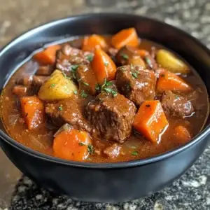 A warm, steaming bowl of Beef Stew, made in the Instant Pot, with a hearty blend of beef, potatoes, and carrots in a rich broth.