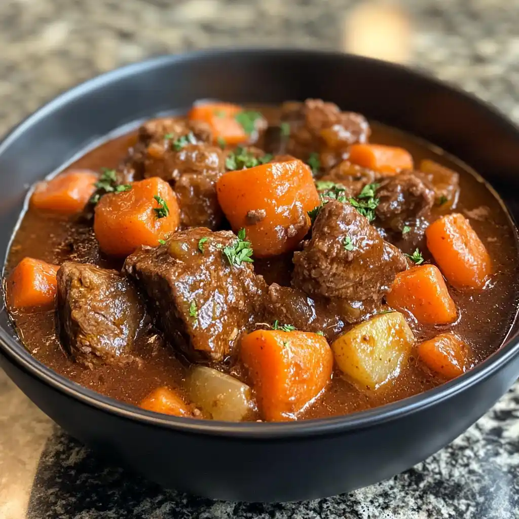 A hearty bowl of Beef Stew made in an Instant Pot, with tender beef chunks, vegetables, and a rich, savory broth.