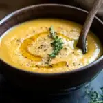 A creamy bowl of Carrot Parsnip Soup, showcasing vibrant orange and white colors from the carrots and parsnips, garnished with fresh herbs.