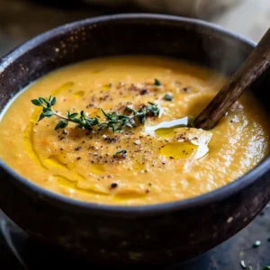 A warm bowl of Carrot Parsnip Soup, with a smooth, creamy texture and vibrant orange and white colors from the carrots and parsnips.