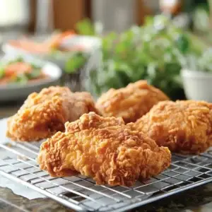 Crispy Country Fried Chicken on a plate, with tender meat inside and a golden, crunchy exterior, accompanied by mashed potatoes and gravy.