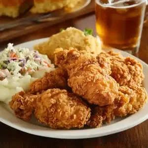 A crispy, golden plate of Country Fried Chicken, served with creamy mashed potatoes and rich gravy.