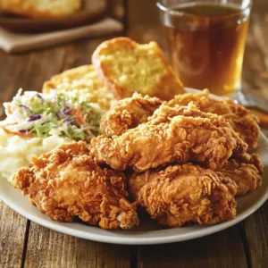 A warm plate of Country Fried Chicken, fried to perfection, served with mashed potatoes and a side of rich gravy.