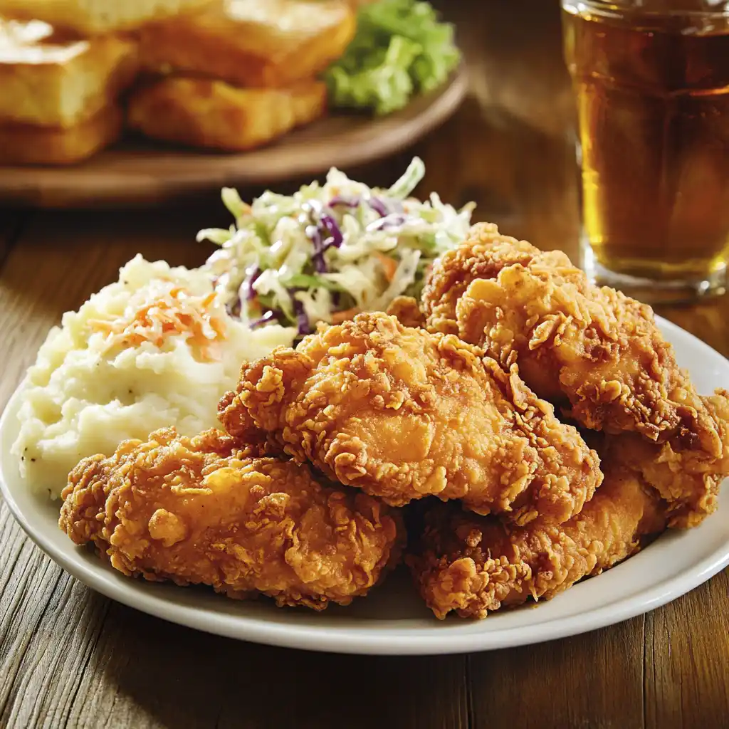 A plate of crispy Country Fried Chicken, golden brown and served with mashed potatoes and gravy.