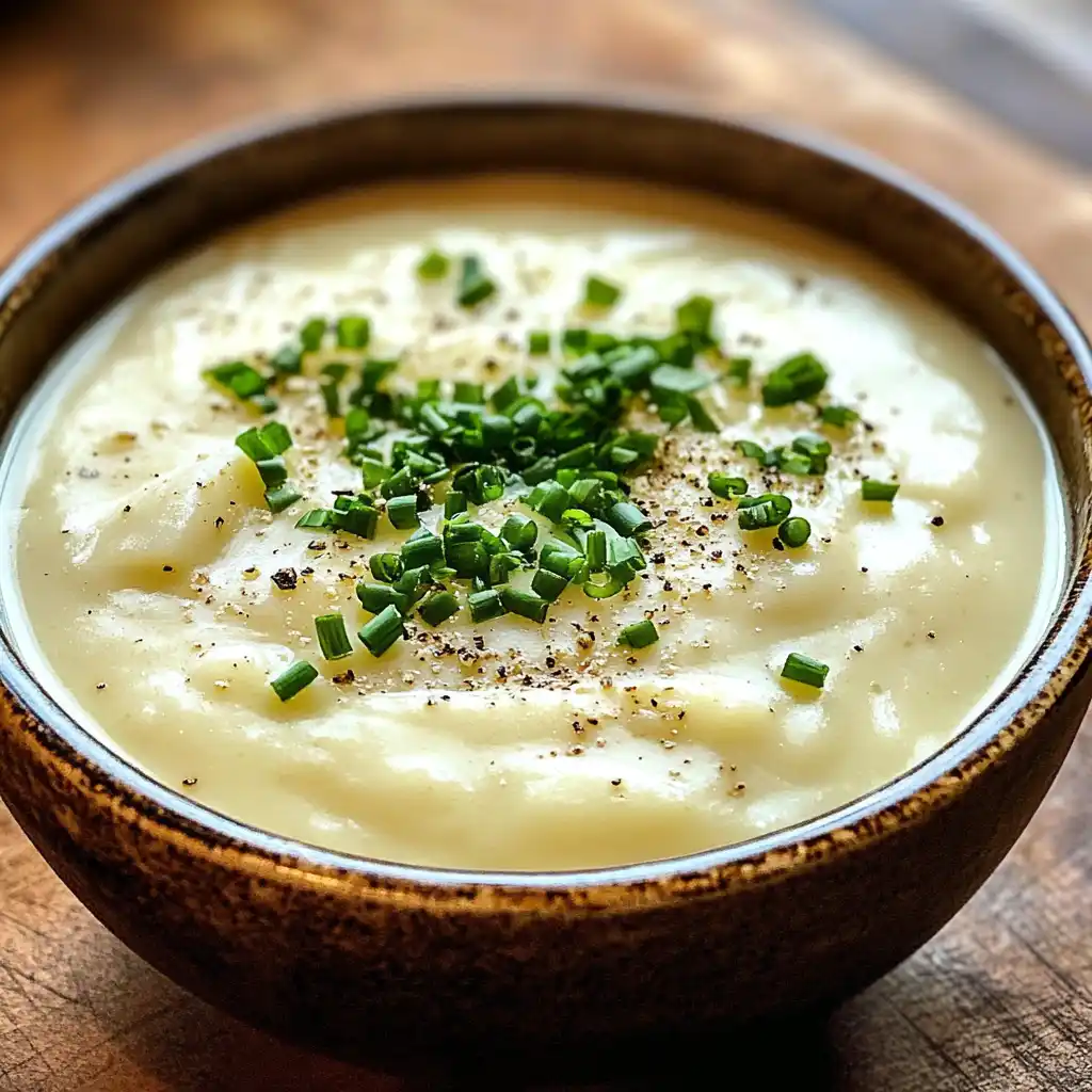 A bowl of Cream of Potato Soup with a velvety texture, featuring chunks of tender potatoes and a swirl of cream on top.