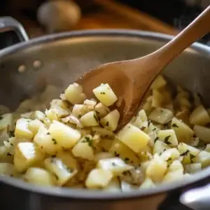 A steaming bowl of Cream of Potato Soup, with a smooth, velvety texture and garnished with a drizzle of cream and a sprinkle of chives.