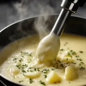 A comforting bowl of Cream of Potato Soup, made with pureed potatoes for a smooth, creamy texture, and garnished with fresh herbs.