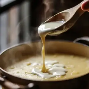 A close-up of Cream of Potato Soup, showing the creamy soup with chunks of soft potatoes and a rich, flavorful broth.