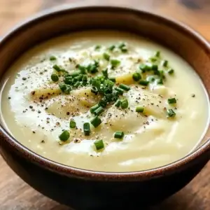 A bowl of creamy and rich Cream of Potato Soup, with smooth, velvety texture and topped with fresh herbs.