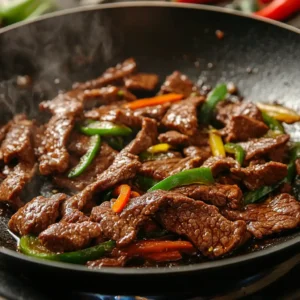 Garlic Pepper Beef served in a skillet, with tender beef pieces and a flavorful sauce made from garlic, black pepper, and savory seasonings.