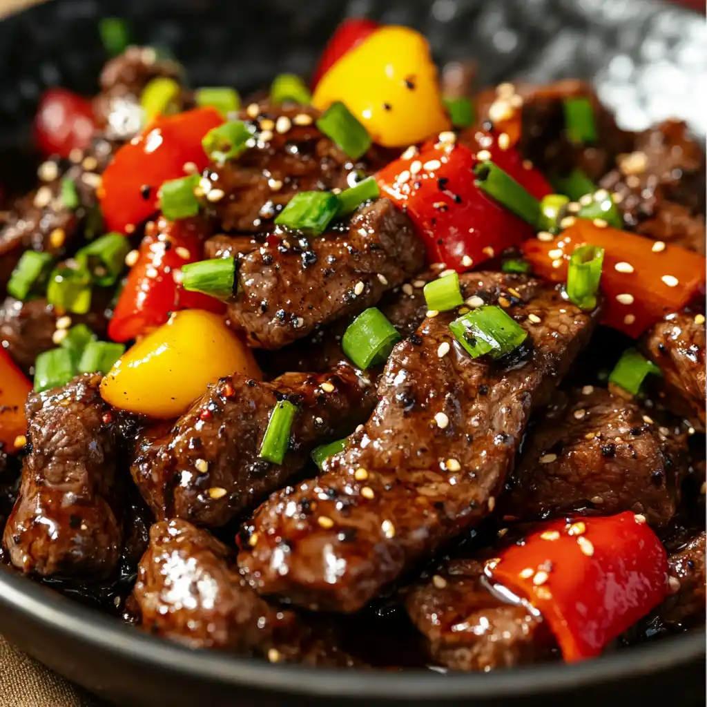 A plate of Garlic Pepper Beef with tender beef strips, cooked in a flavorful garlic and pepper sauce, garnished with fresh herbs.