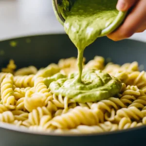 A delicious Green Goddess Pasta Salad with al dente pasta, crisp vegetables, and a creamy green dressing, garnished with fresh herbs and microgreens.