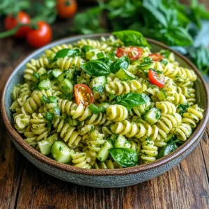 A bowl of Green Goddess Pasta Salad featuring al dente pasta, fresh veggies, and a creamy green dressing, topped with fresh herbs and a sprinkle of microgreens.