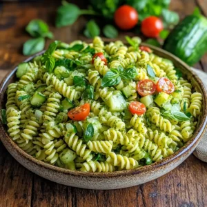 A colorful bowl of Green Goddess Pasta Salad, featuring al dente pasta, fresh herbs, crisp vegetables, and a creamy, vibrant green dressing.