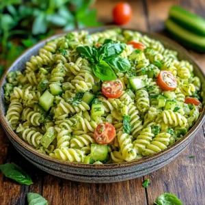 A vibrant Green Goddess Pasta Salad with tender pasta, fresh veggies, and a creamy green dressing, garnished with fresh herbs and microgreens for extra flavor.