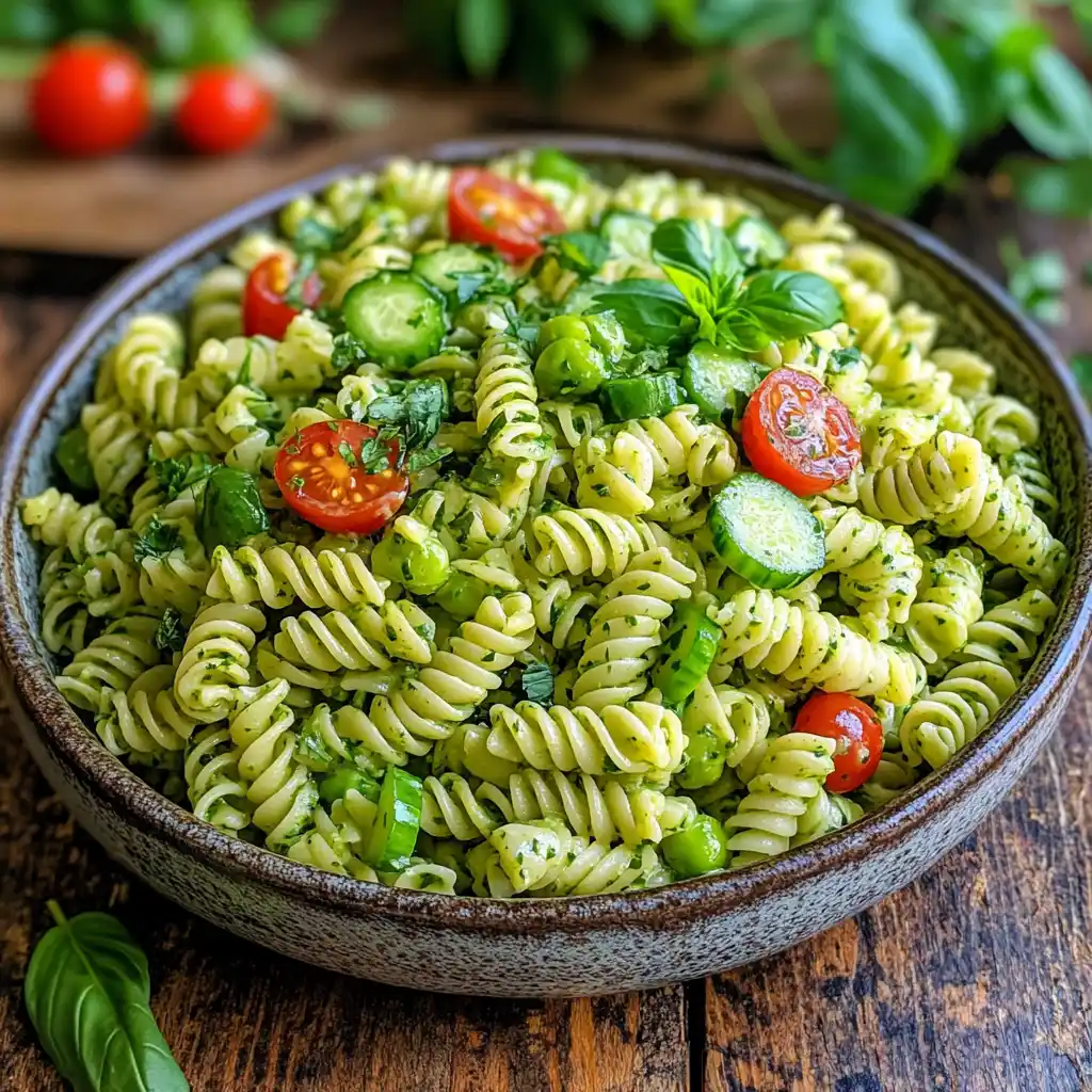 A vibrant bowl of Green Goddess Pasta Salad, featuring fresh herbs, creamy green dressing, tender pasta, and crisp vegetables, garnished with microgreens.