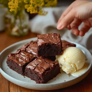 A plate of rich, fudgy Homemade Brownies with a shiny, cracked top and a soft, gooey center.