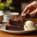 A plate of freshly baked Homemade Brownies with a rich, fudgy texture, showcasing a glossy, cracked top and a gooey center.