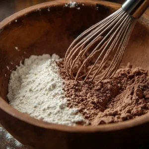 A warm, freshly baked Homemade Brownie served with a dusting of powdered sugar and a few chocolate chips on top.