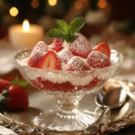 A bowl of Strawberries Romanoff, featuring fresh strawberries topped with a creamy mixture of whipped cream and orange liqueur, garnished with mint leaves.