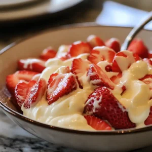 A decadent serving of Strawberries Romanoff, showcasing fresh strawberries topped with a light, creamy sauce infused with orange liqueur, elegantly presented in a dessert glass.