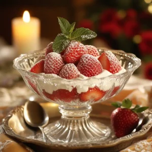 A luxurious serving of Strawberries Romanoff, featuring ripe strawberries topped with a smooth, orange-infused cream sauce, elegantly garnished with mint leaves.