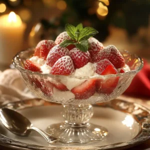 A luxurious serving of Strawberries Romanoff, featuring ripe strawberries topped with a smooth, orange-infused cream sauce, elegantly garnished with mint leaves.