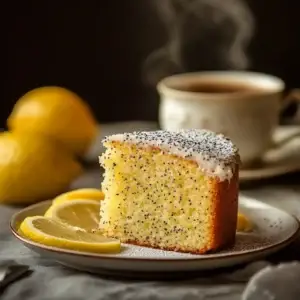 A beautifully sliced Lemon Poppy Seed Cake, showcasing a light, fluffy texture with a vibrant lemon glaze drizzled on top, studded with poppy seeds.