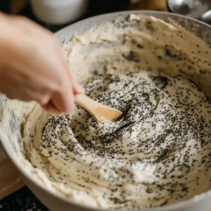 A slice of Lemon Poppy Seed Cake with a moist, airy texture, topped with a vibrant lemon glaze and garnished with poppy seeds.