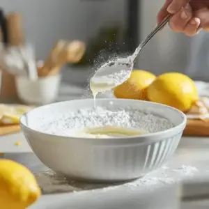 A slice of fluffy Lemon Poppy Seed Cake with a glossy lemon glaze, adorned with poppy seeds and served with a fresh citrusy aroma.