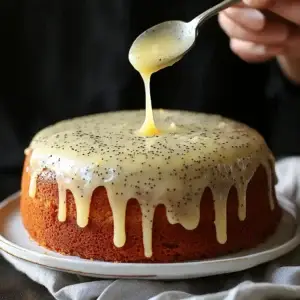 A slice of moist and fluffy Lemon Poppy Seed Cake, topped with a tangy lemon glaze and sprinkled with poppy seeds for added texture.