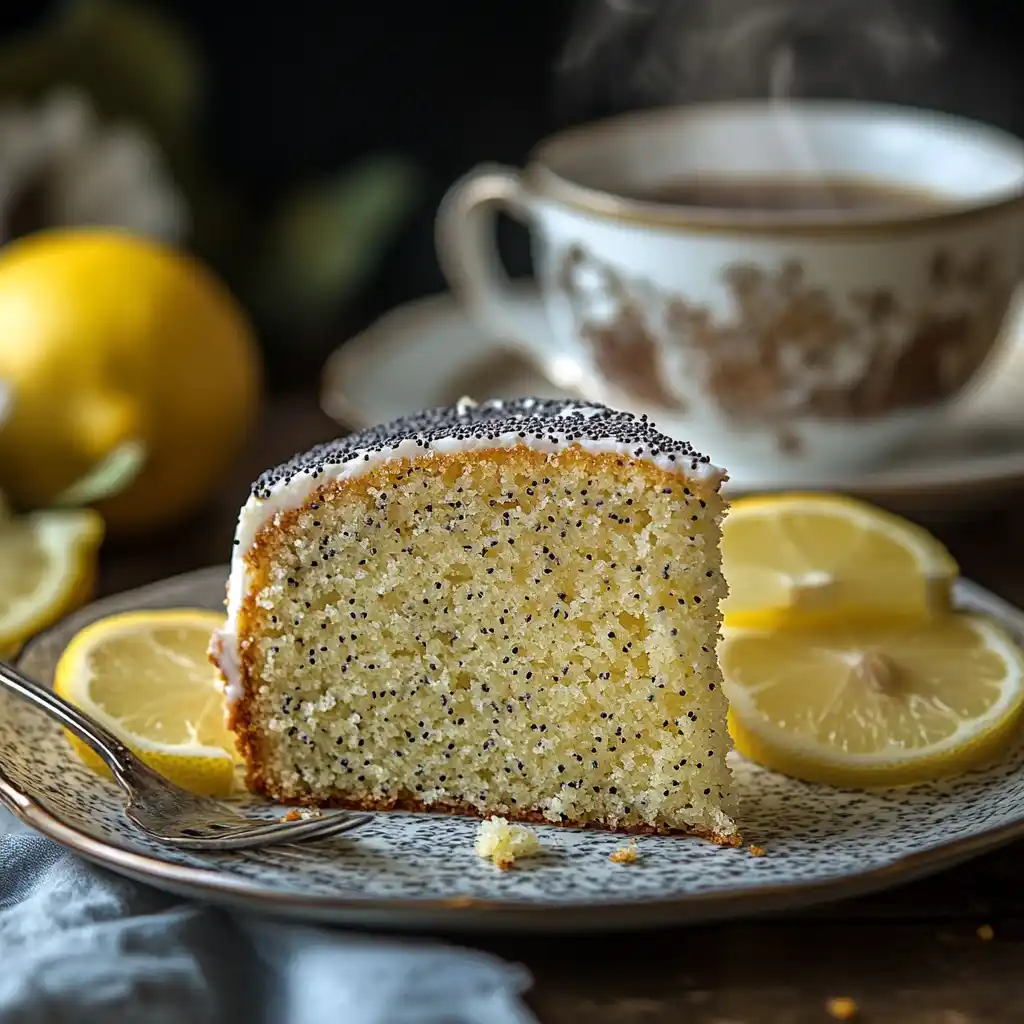 A slice of Lemon Poppy Seed Cake, showcasing a moist, fluffy texture with poppy seeds and a bright lemon glaze drizzled over the top.