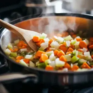 Close-up of Leftover Turkey Soup with chunks of turkey, carrots, celery, and a rich, flavorful broth.