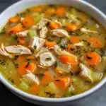 A bowl of Leftover Turkey Soup with tender turkey pieces, vegetables, and a rich broth, perfect for using up holiday leftovers.