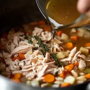 A comforting bowl of Leftover Turkey Soup, featuring chunks of turkey, potatoes, carrots, and onions in a rich, homemade broth.