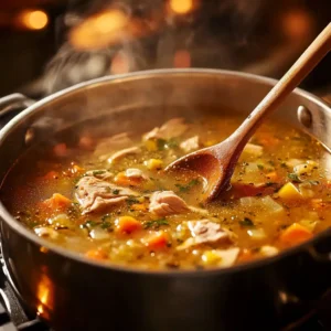 A close-up of Leftover Turkey Soup, showcasing tender turkey chunks, vegetables, and a thick, flavorful broth.