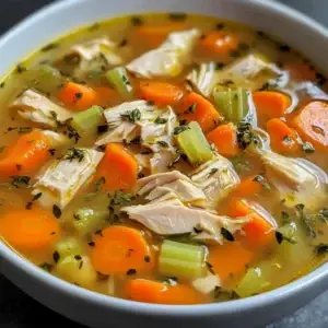 Leftover Turkey Soup served in a rustic bowl, with pieces of turkey, carrots, and green beans in a fragrant, homemade broth.