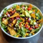 A colorful Spicy Southwest Salad with fresh greens, black beans, corn, avocado, and a spicy, tangy dressing.