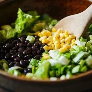 A colorful plate of Spicy Southwest Salad, topped with avocado slices, cilantro, and a spicy, zesty dressing.