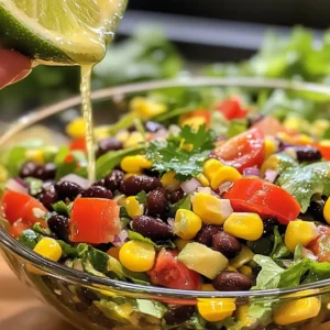 A delicious Spicy Southwest Salad with crunchy greens, black beans, corn, avocado, and a sprinkle of cheese.